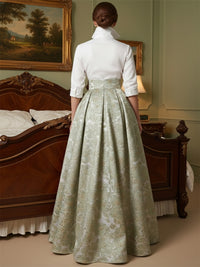 A Line V-Neck Stand Collar Half Sleeve Long Mother of the Bride Dresses with Jacquard
