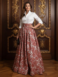 A Line V-Neck Stand Collar Half Sleeve Long Mother of the Bride Dresses with Jacquard