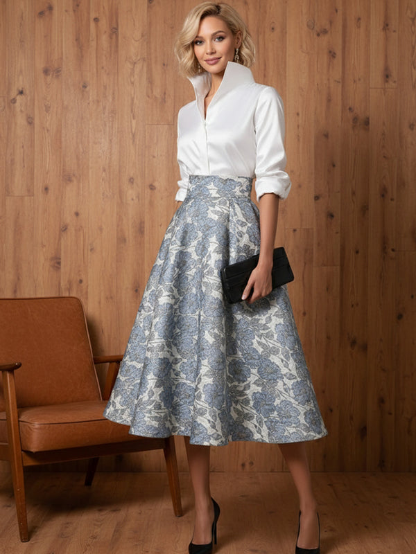 A Line V-Neck Stand Collar Half Sleeve Tea-Length Mother of the Bride Dresses with Jacquard