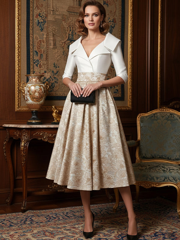A-Line Floral Mother of the Bride Dress Set 2026 White V Neck 3/4 Sleeve Top and Gold Jacquard Tea Length Skirt Formal Wedding Outfit