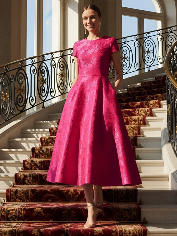 A-Line Floral Mother of the Bride Dresses 2026 Hot Pink Short Sleeve Formal Wedding Guest Tea Length Dress Round Neck