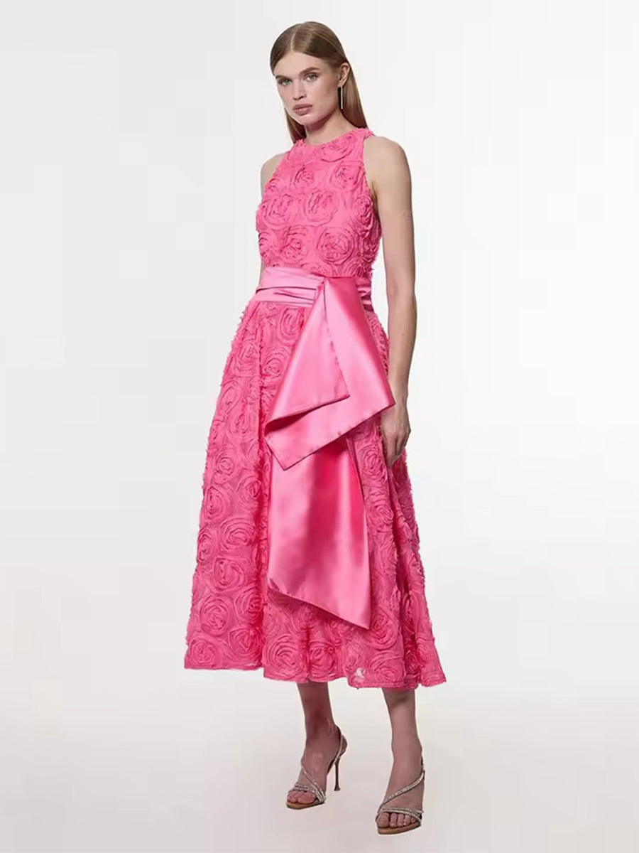 A-Line 3D Flower Short Cap Sleeve Midi Mother of the Bride Dresses with Ruffle