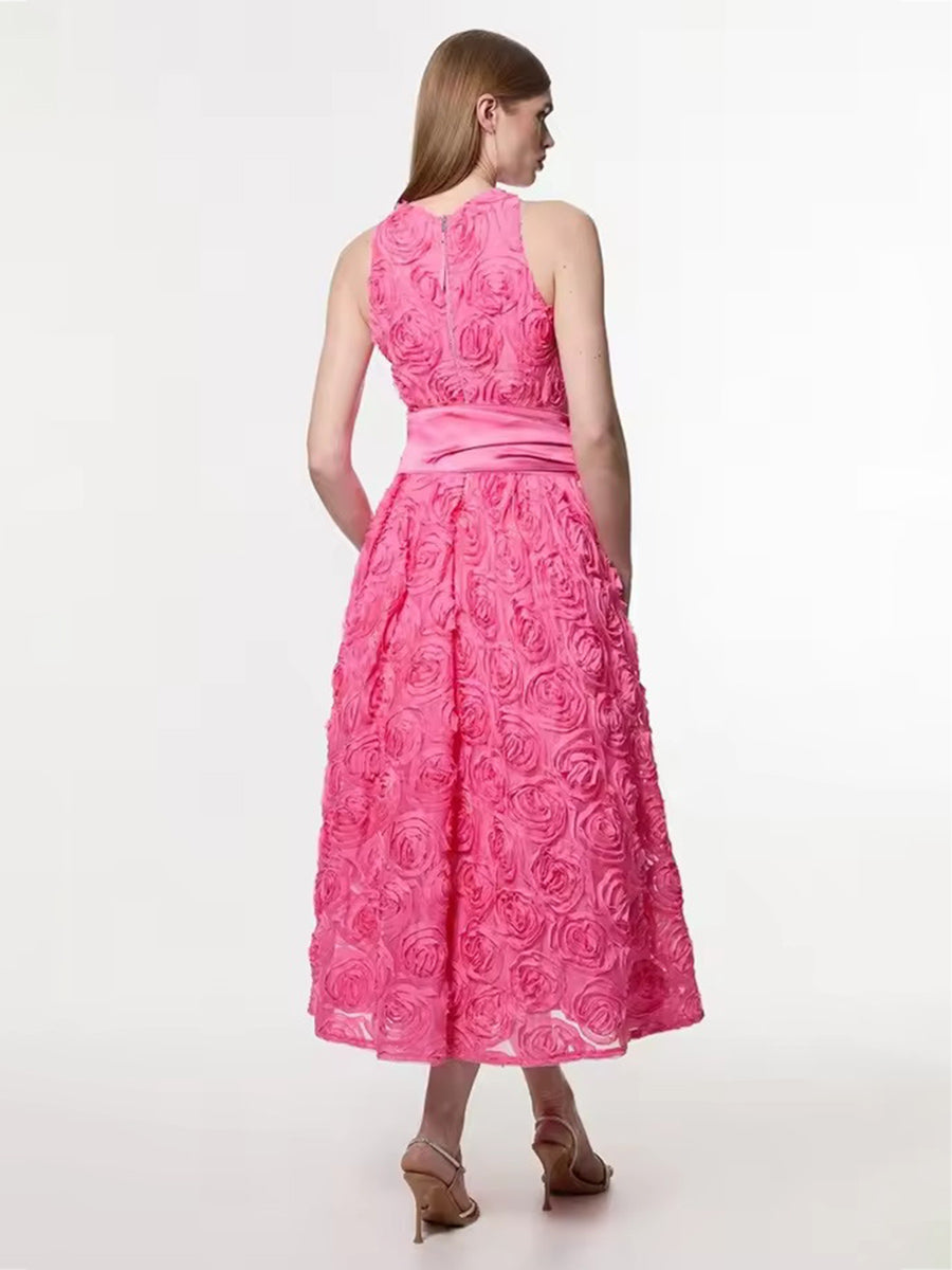 A-Line 3D Flower Short Cap Sleeve Midi Mother of the Bride Dresses with Ruffle
