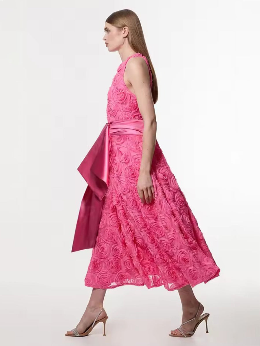 A-Line 3D Flower Short Cap Sleeve Midi Mother of the Bride Dresses with Ruffle