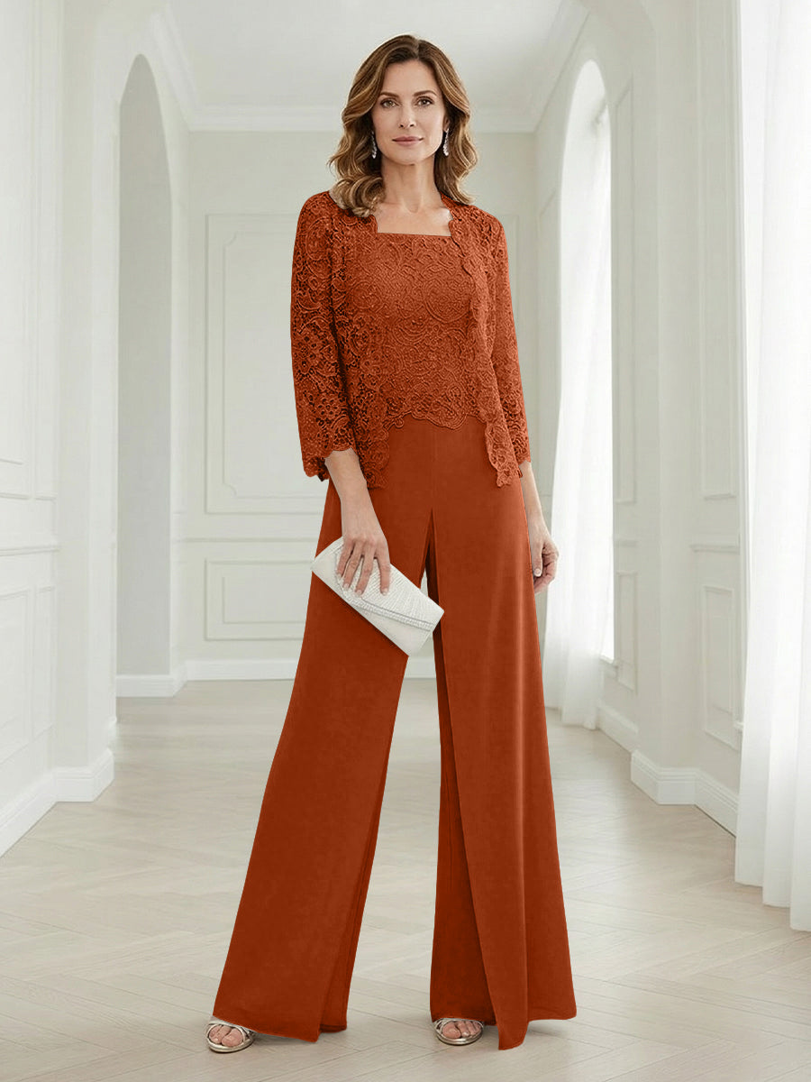Pantsuits Lace Applique 3/4 Sleeve Mother of the Bride & Groom Dresses 3 Piece with Jackets Wedding Dress