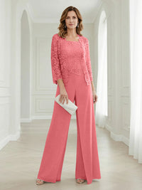Pantsuits Lace Applique 3/4 Sleeve Mother of the Bride & Groom Dresses 3 Piece with Jackets Wedding Dress