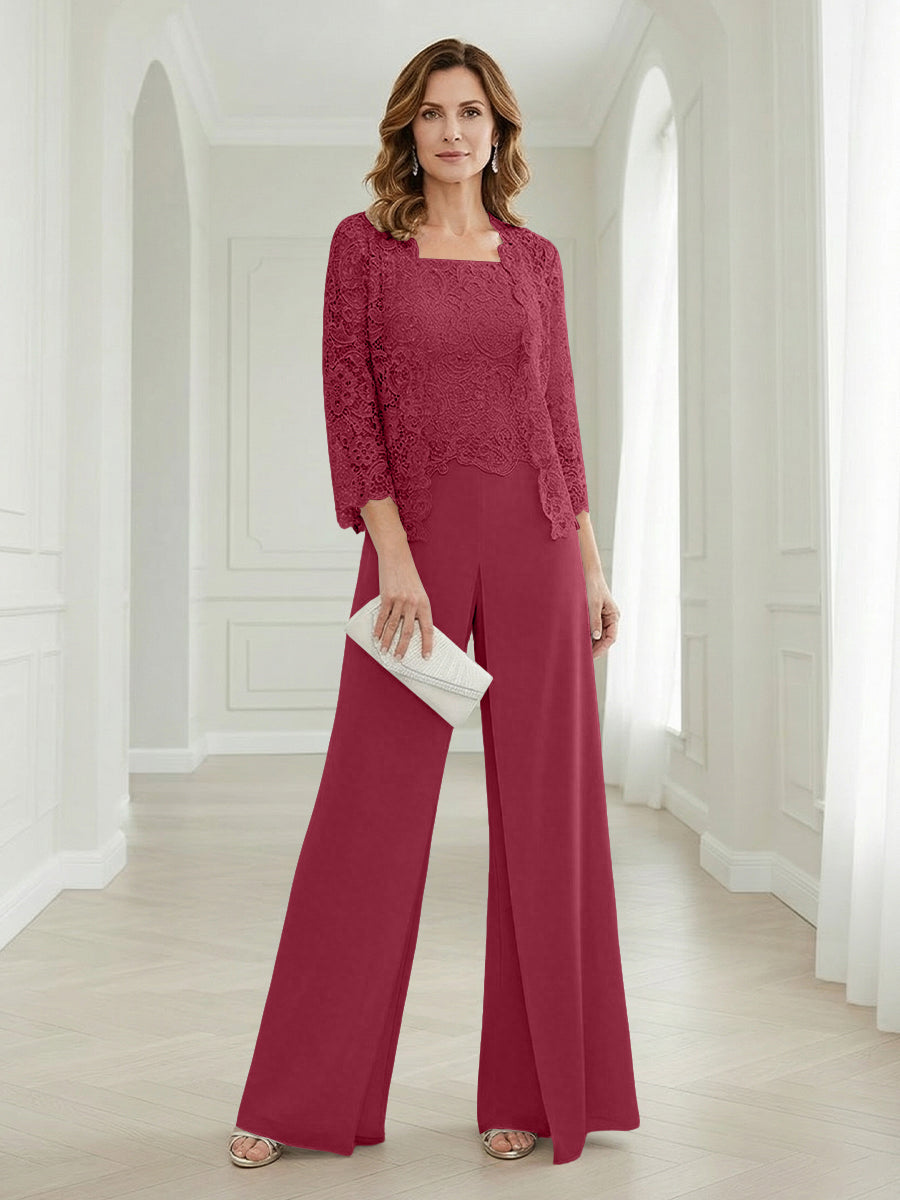 Pantsuits Lace Applique 3/4 Sleeve Mother of the Bride & Groom Dresses 3 Piece with Jackets Wedding Dress