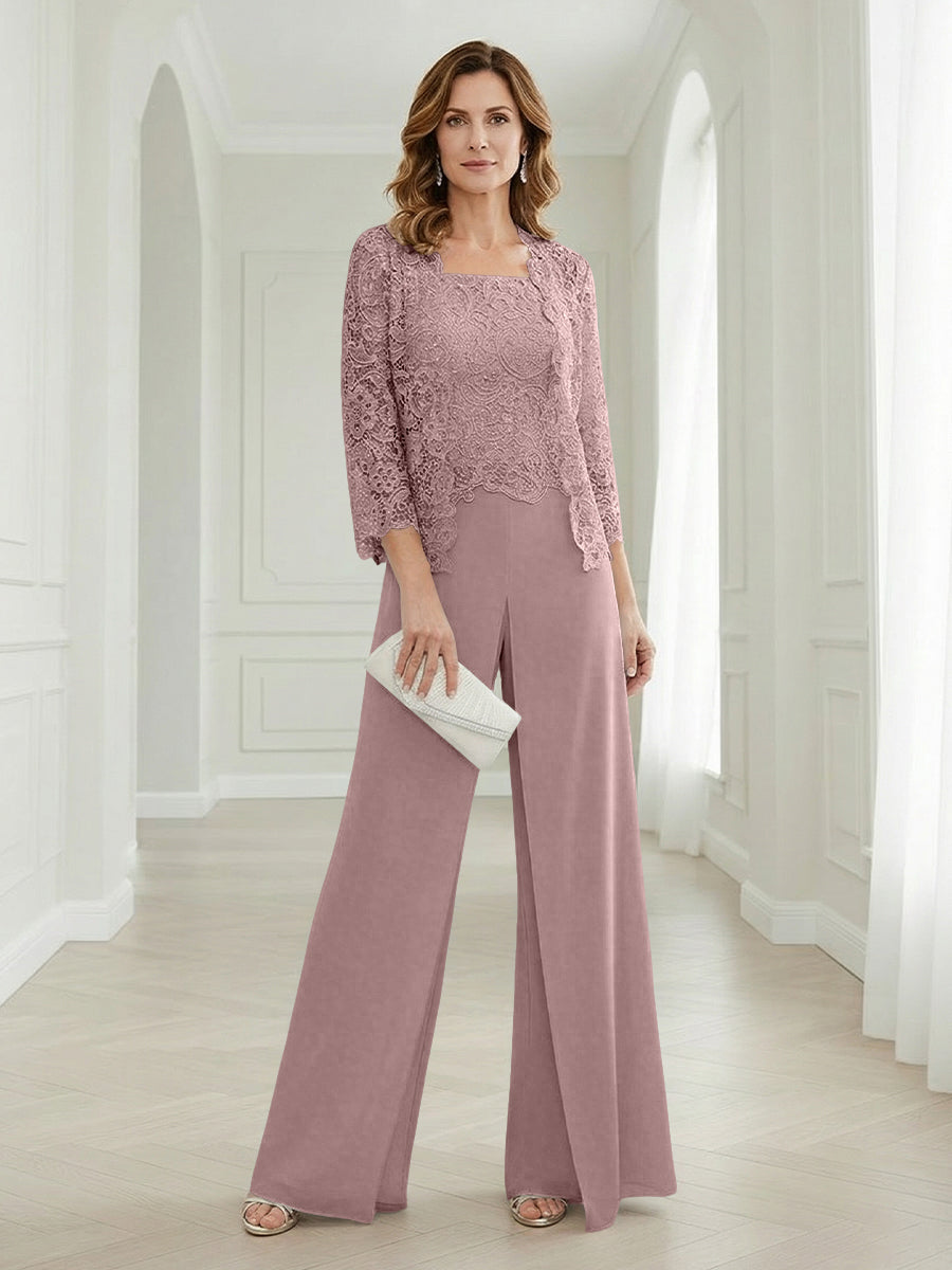 Pantsuits Lace Applique 3/4 Sleeve Mother of the Bride & Groom Dresses 3 Piece with Jackets Wedding Dress