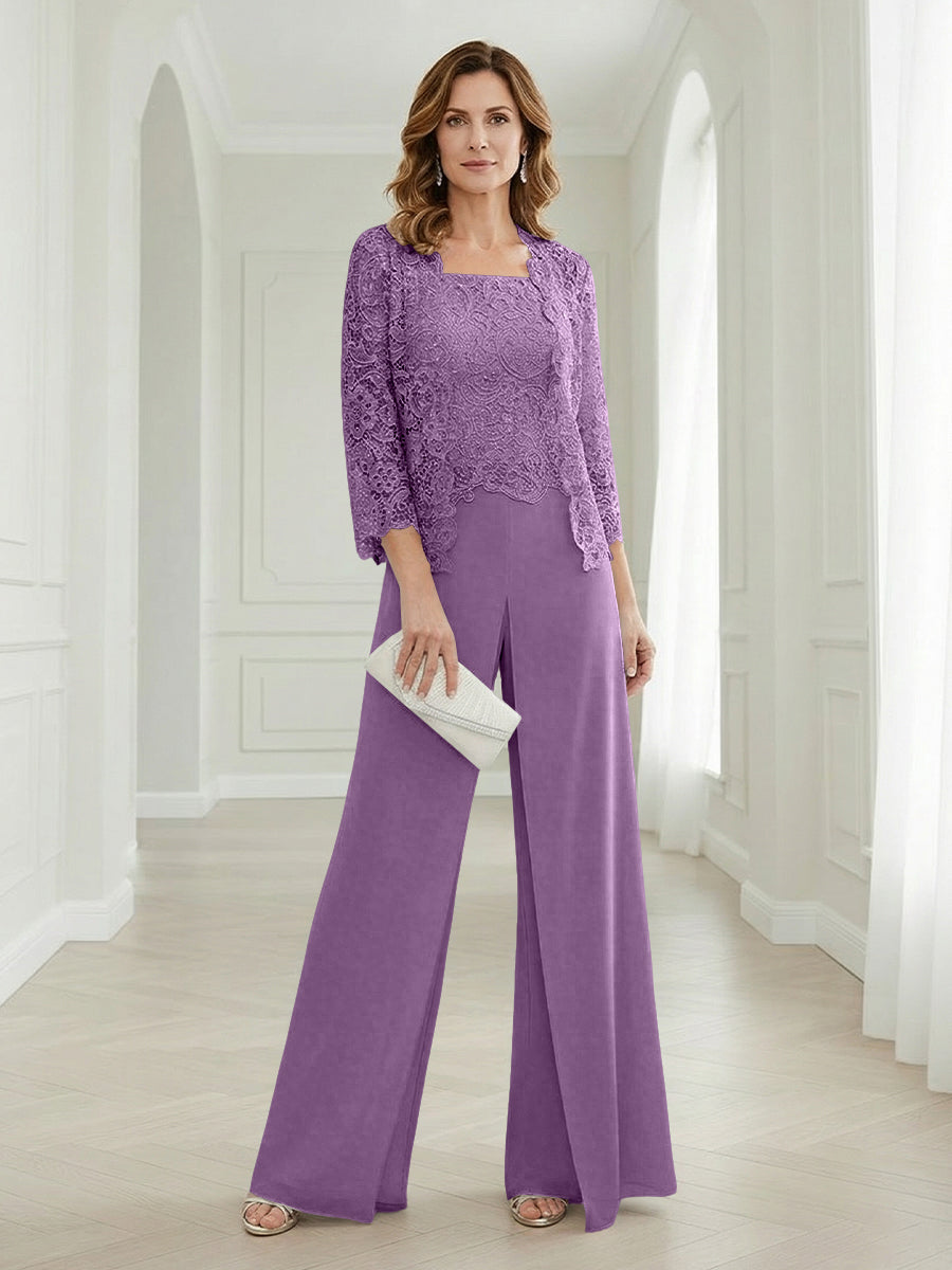 Pantsuits Lace Applique 3/4 Sleeve Mother of the Bride & Groom Dresses 3 Piece with Jackets Wedding Dress