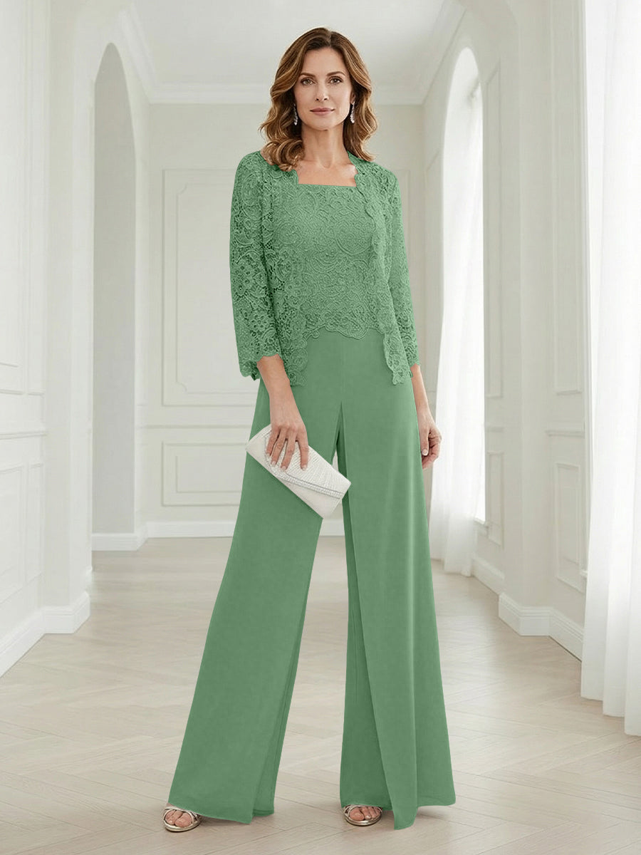 Pantsuits Lace Applique 3/4 Sleeve Mother of the Bride & Groom Dresses 3 Piece with Jackets Wedding Dress