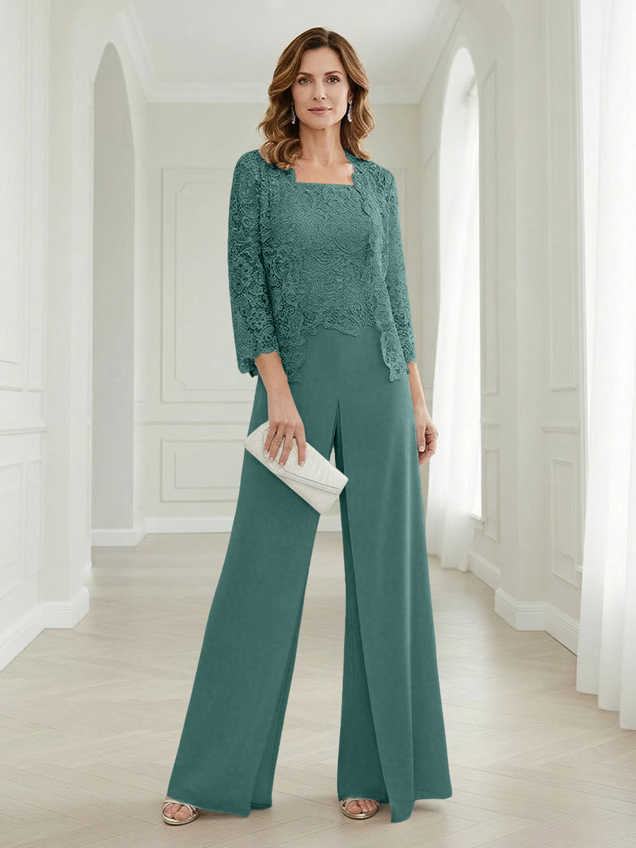 Pantsuits Lace Applique 3/4 Sleeve Mother of the Bride & Groom Dresses 3 Piece with Jackets Wedding Dress
