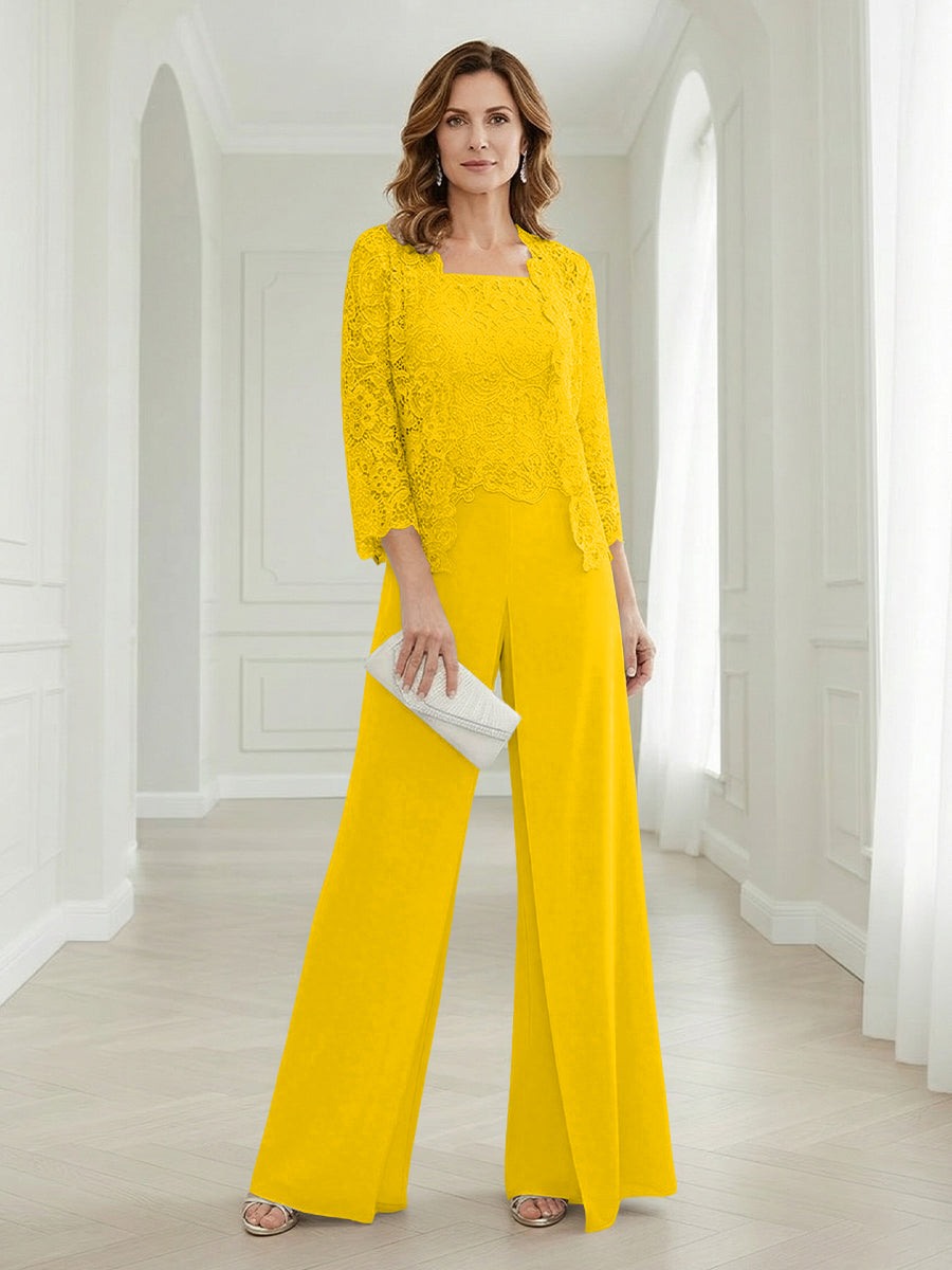 Pantsuits Lace Applique 3/4 Sleeve Mother of the Bride & Groom Dresses 3 Piece with Jackets Wedding Dress
