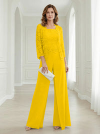 Pantsuits Lace Applique 3/4 Sleeve Mother of the Bride & Groom Dresses 3 Piece with Jackets Wedding Dress