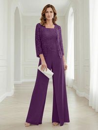 Pantsuits Lace Applique 3/4 Sleeve Mother of the Bride & Groom Dresses 3 Piece with Jackets Wedding Dress