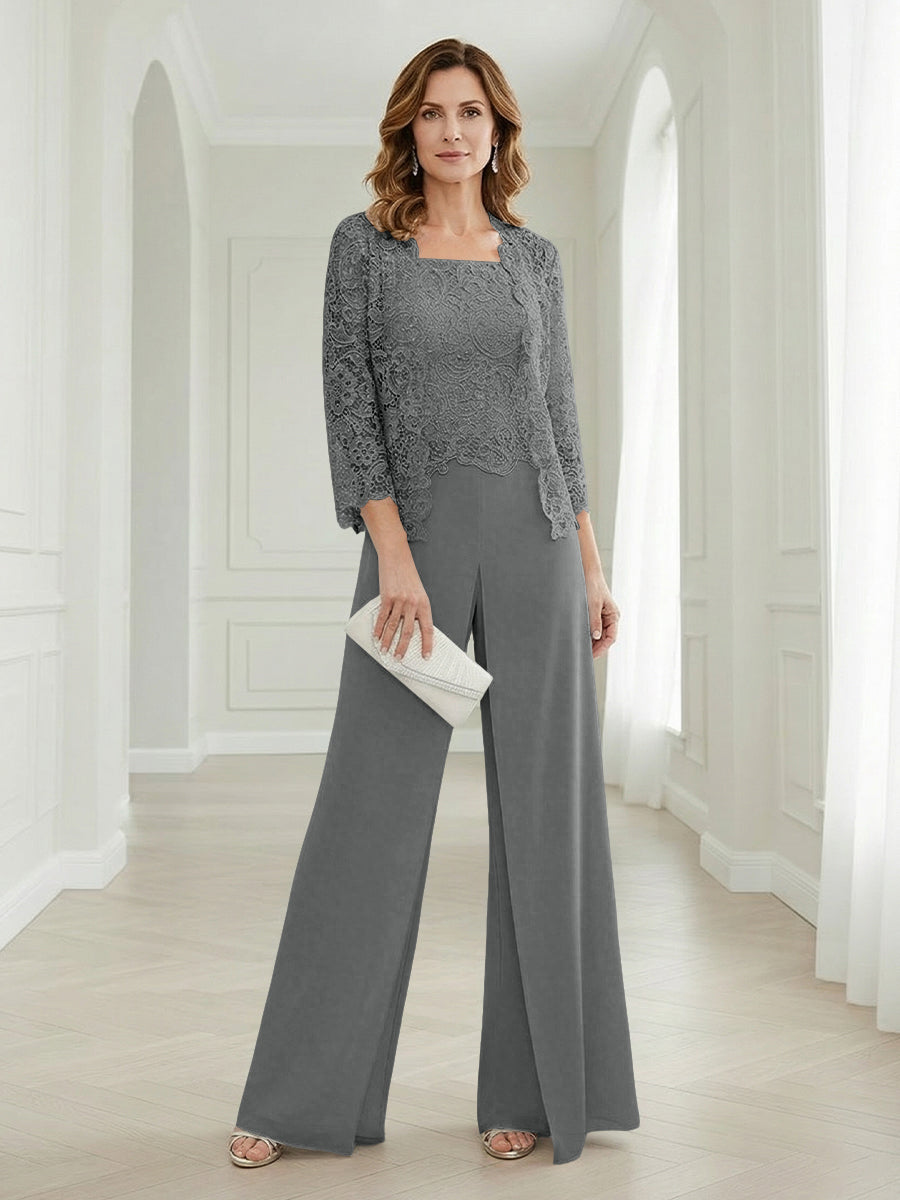 Pantsuits Lace Applique 3/4 Sleeve Mother of the Bride & Groom Dresses 3 Piece with Jackets Wedding Dress