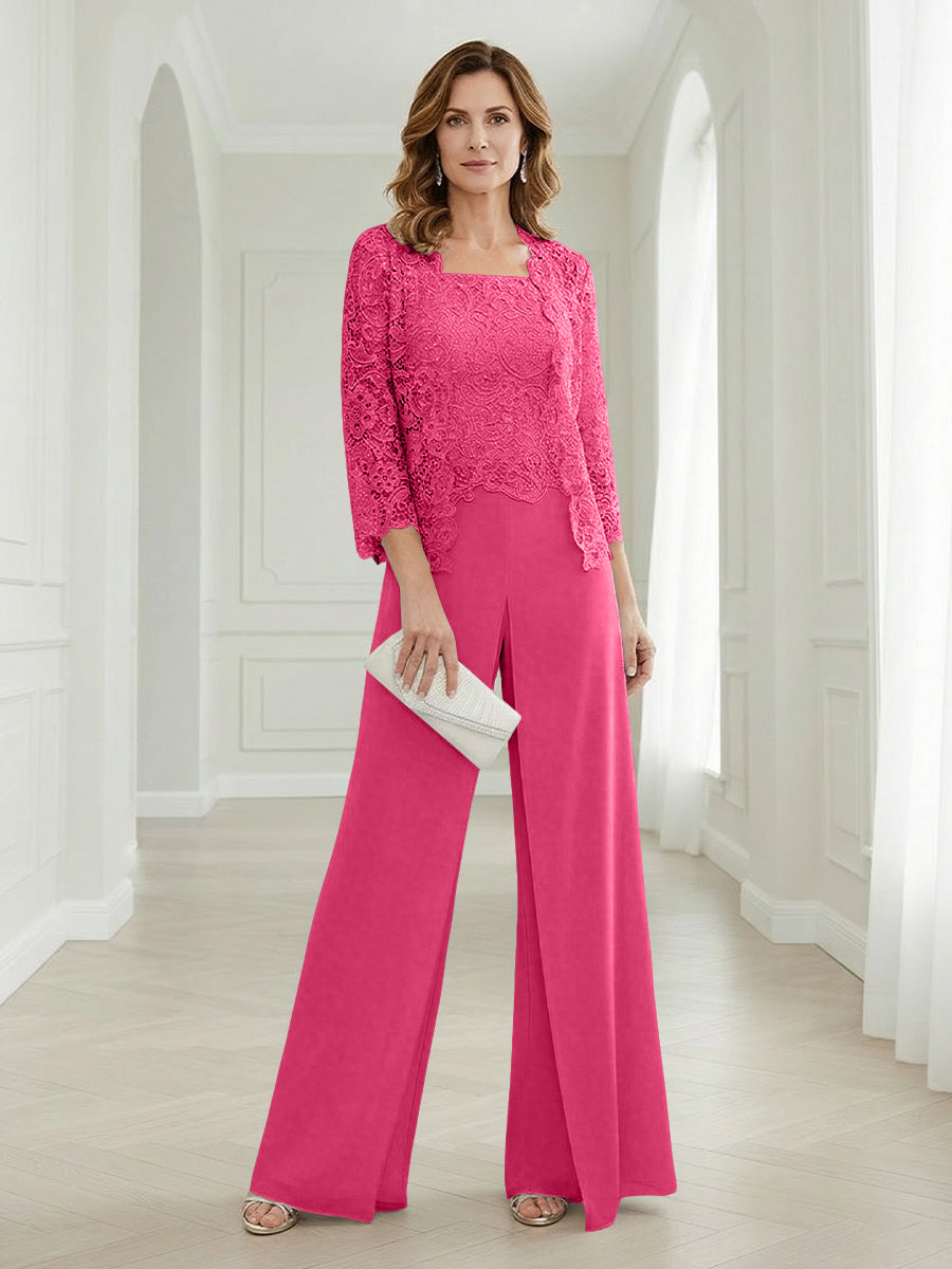 Pantsuits Lace Applique 3/4 Sleeve Mother of the Bride & Groom Dresses 3 Piece with Jackets Wedding Dress