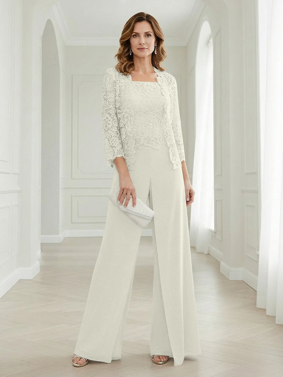 Pantsuits Lace Applique 3/4 Sleeve Mother of the Bride & Groom Dresses 3 Piece with Jackets Wedding Dress