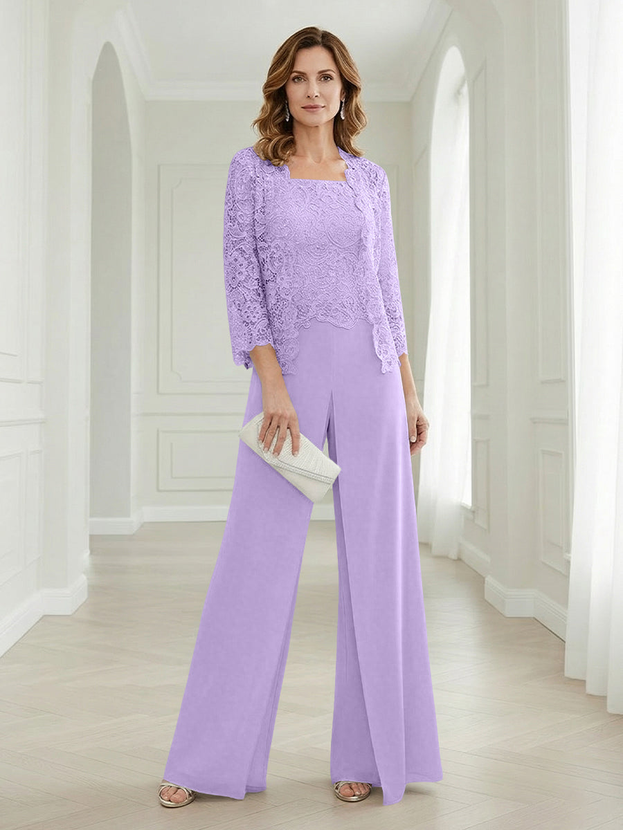 Pantsuits Lace Applique 3/4 Sleeve Mother of the Bride & Groom Dresses 3 Piece with Jackets Wedding Dress