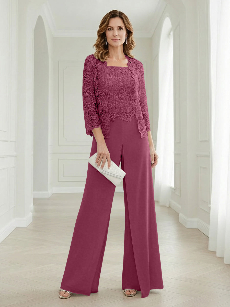 Pantsuits Lace Applique 3/4 Sleeve Mother of the Bride & Groom Dresses 3 Piece with Jackets Wedding Dress