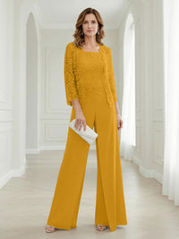 Pantsuits Lace Applique 3/4 Sleeve Mother of the Bride & Groom Dresses 3 Piece with Jackets Wedding Dress