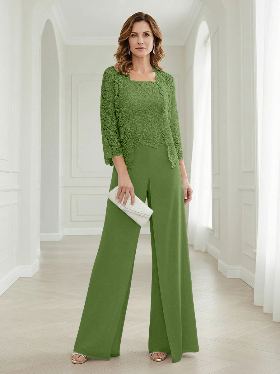 Pantsuits Lace Applique 3/4 Sleeve Mother of the Bride & Groom Dresses 3 Piece with Jackets Wedding Dress