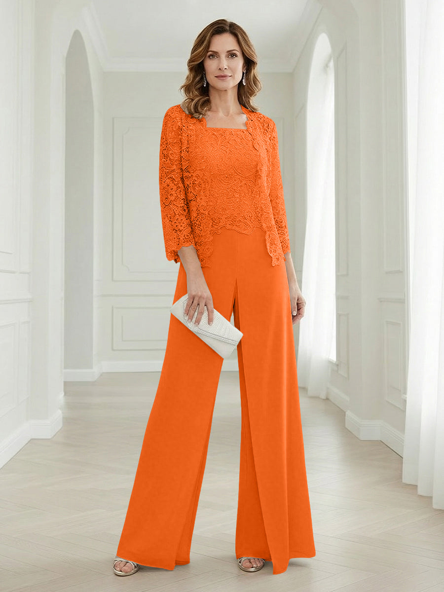 Pantsuits Lace Applique 3/4 Sleeve Mother of the Bride & Groom Dresses 3 Piece with Jackets Wedding Dress