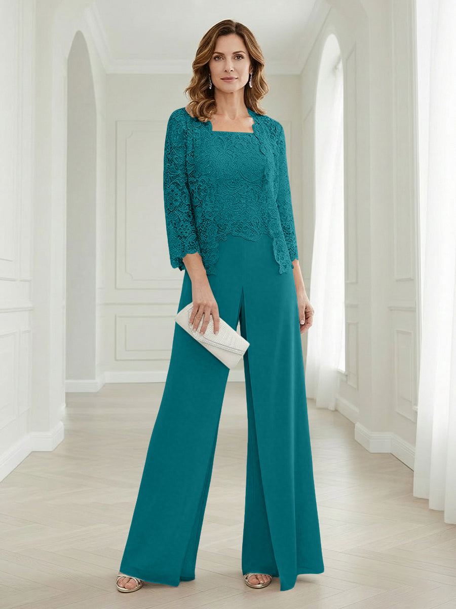 Pantsuits Lace Applique 3/4 Sleeve Mother of the Bride & Groom Dresses 3 Piece with Jackets Wedding Dress