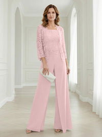 Pantsuits Lace Applique 3/4 Sleeve Mother of the Bride & Groom Dresses 3 Piece with Jackets Wedding Dress