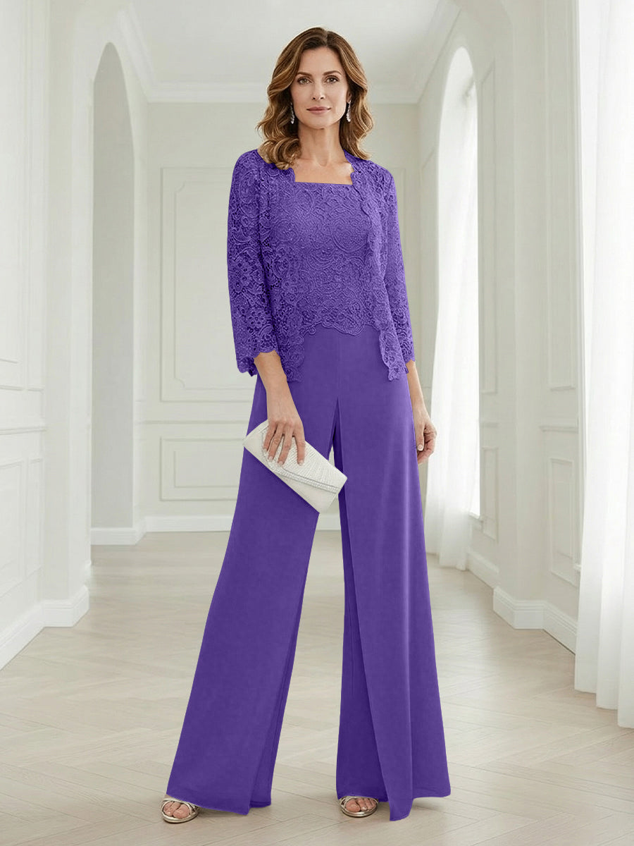 Pantsuits Lace Applique 3/4 Sleeve Mother of the Bride & Groom Dresses 3 Piece with Jackets Wedding Dress