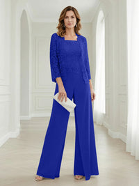 Pantsuits Lace Applique 3/4 Sleeve Mother of the Bride & Groom Dresses 3 Piece with Jackets Wedding Dress