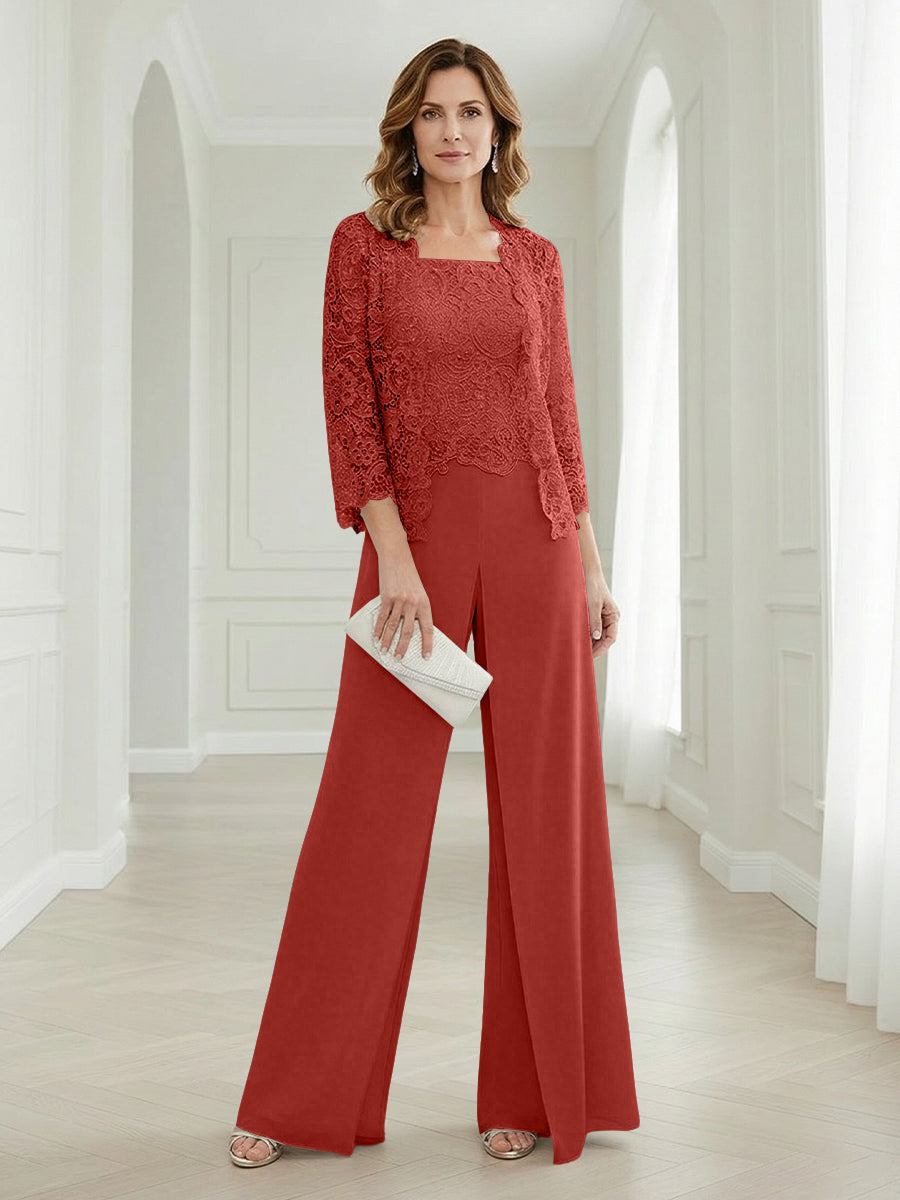 Pantsuits Lace Applique 3/4 Sleeve Mother of the Bride & Groom Dresses 3 Piece with Jackets Wedding Dress