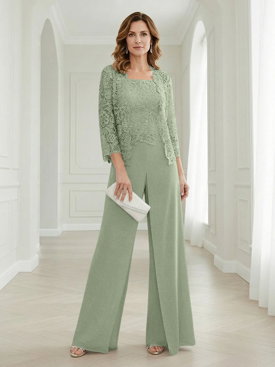 Pantsuits Lace Applique 3/4 Sleeve Mother of the Bride & Groom Dresses 3 Piece with Jackets Wedding Dress