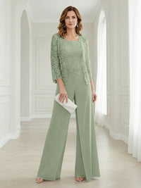Pantsuits Lace Applique 3/4 Sleeve Mother of the Bride & Groom Dresses 3 Piece with Jackets Wedding Dress