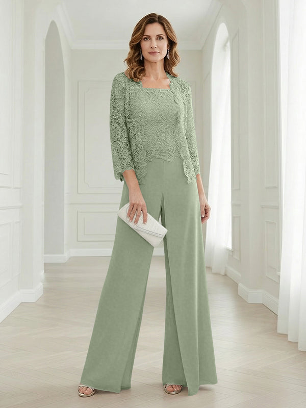 Pantsuits Lace Applique 3/4 Sleeve Mother of the Bride & Groom Dresses 3 Piece with Jackets Wedding Dress