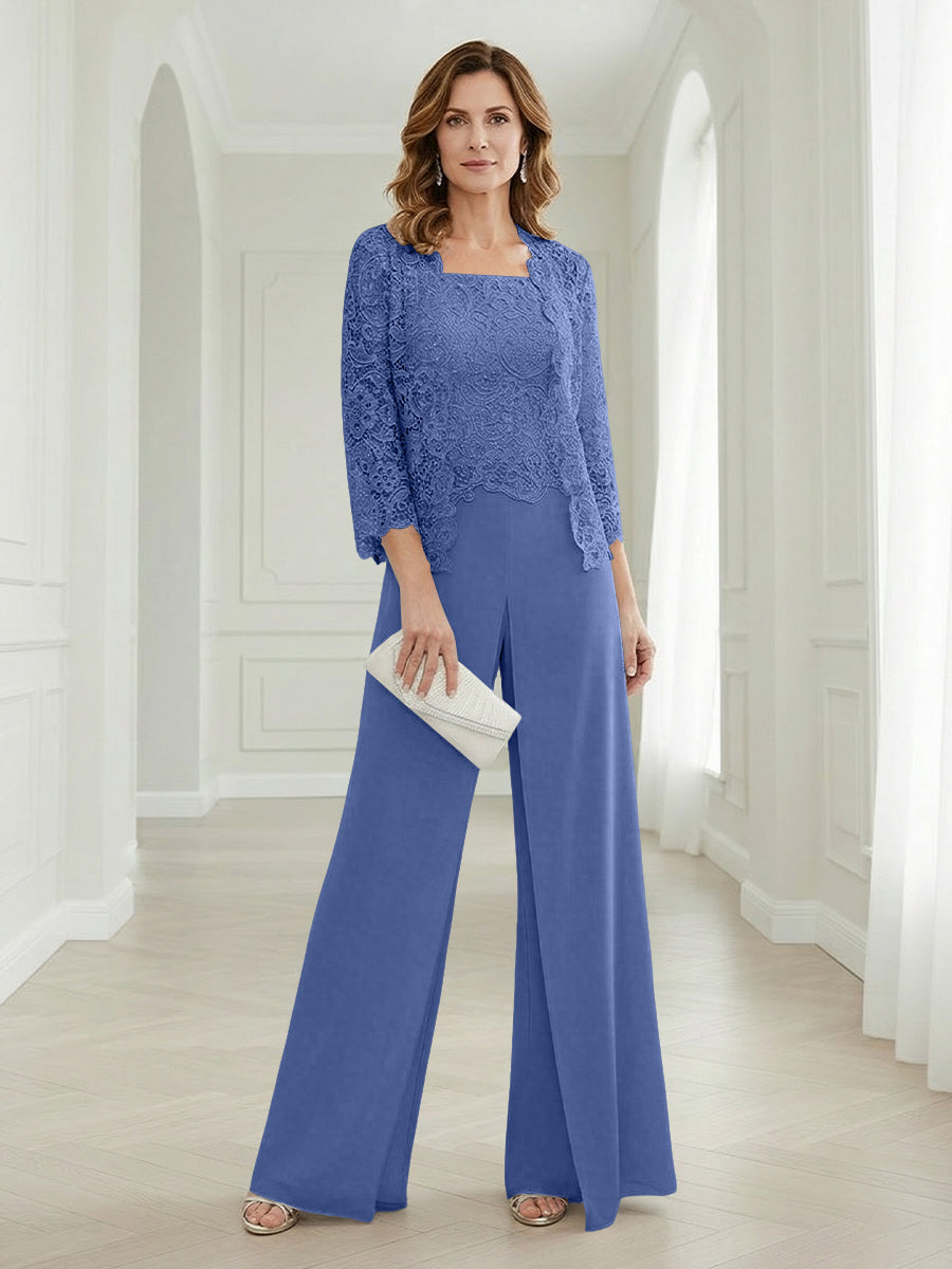 Pantsuits Lace Applique 3/4 Sleeve Mother of the Bride & Groom Dresses 3 Piece with Jackets Wedding Dress
