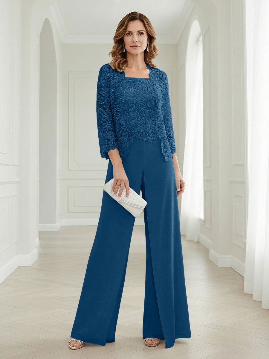 Pantsuits Lace Applique 3/4 Sleeve Mother of the Bride & Groom Dresses 3 Piece with Jackets Wedding Dress