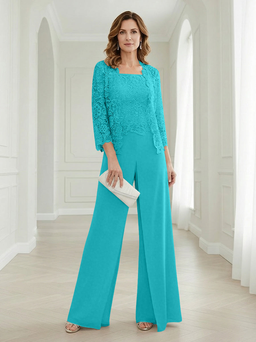 Pantsuits Lace Applique 3/4 Sleeve Mother of the Bride & Groom Dresses 3 Piece with Jackets Wedding Dress