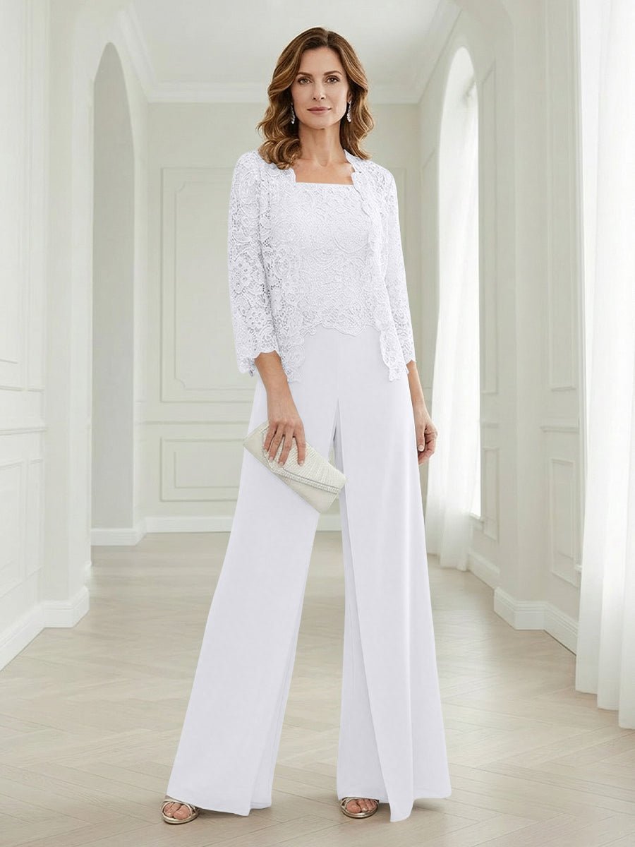 Pantsuits Lace Applique 3/4 Sleeve Mother of the Bride & Groom Dresses 3 Piece with Jackets Wedding Dress