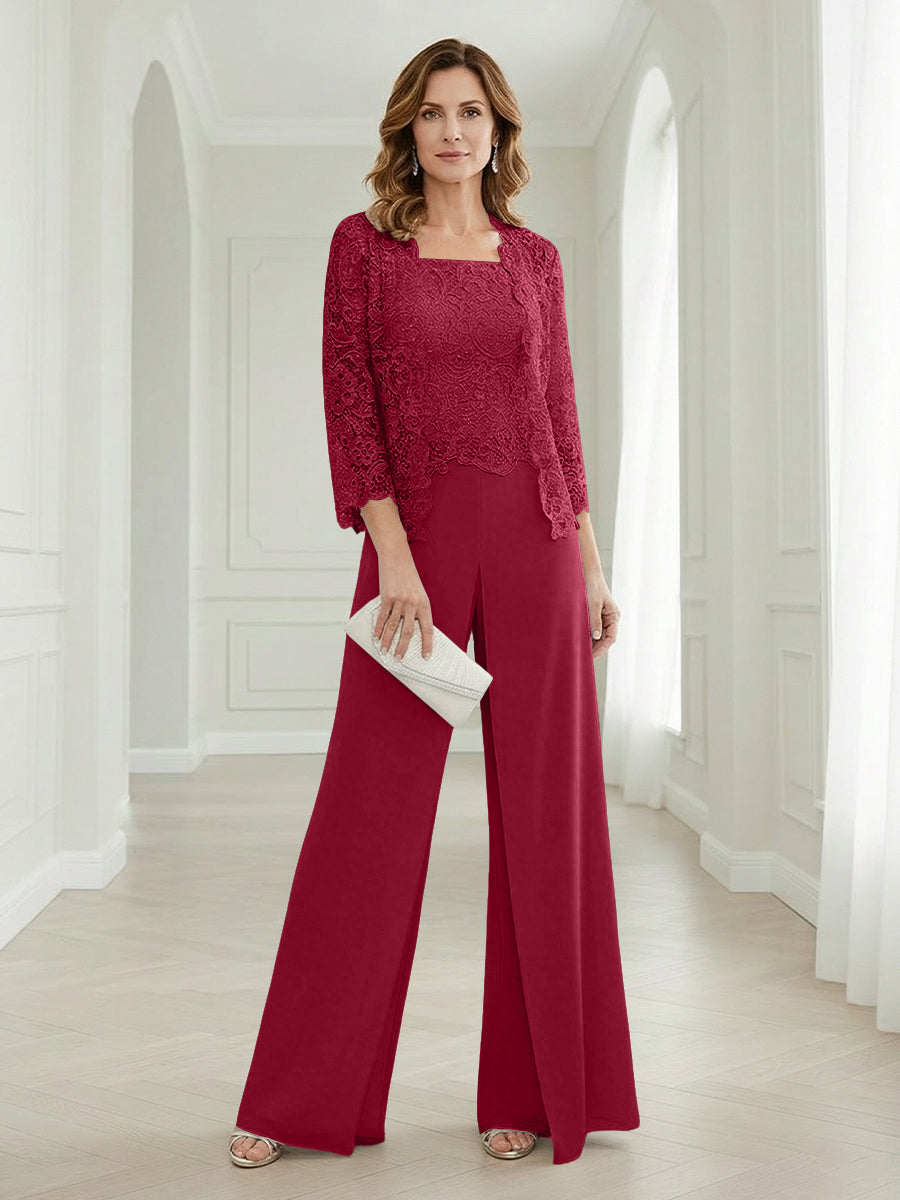 Pantsuits Lace Applique 3/4 Sleeve Mother of the Bride & Groom Dresses 3 Piece with Jackets Wedding Dress