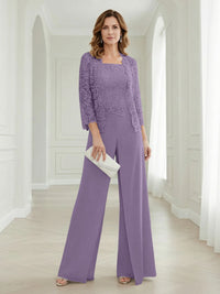 Pantsuits Lace Applique 3/4 Sleeve Mother of the Bride & Groom Dresses 3 Piece with Jackets Wedding Dress