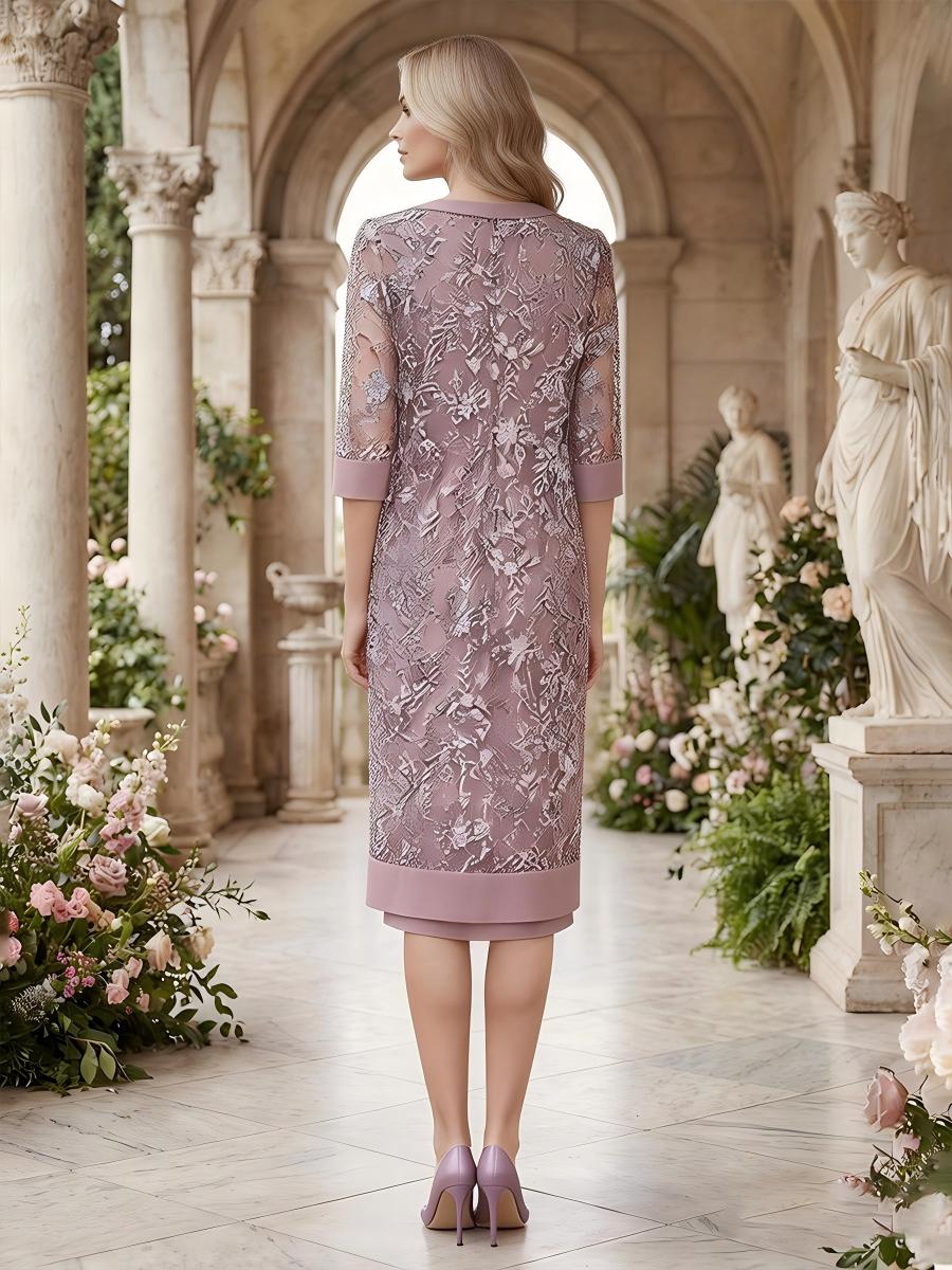 Lace 3/4 Sleeve Tea-Length Mother of the Bride Dresses 2 Piece with Jackets Formal Dress