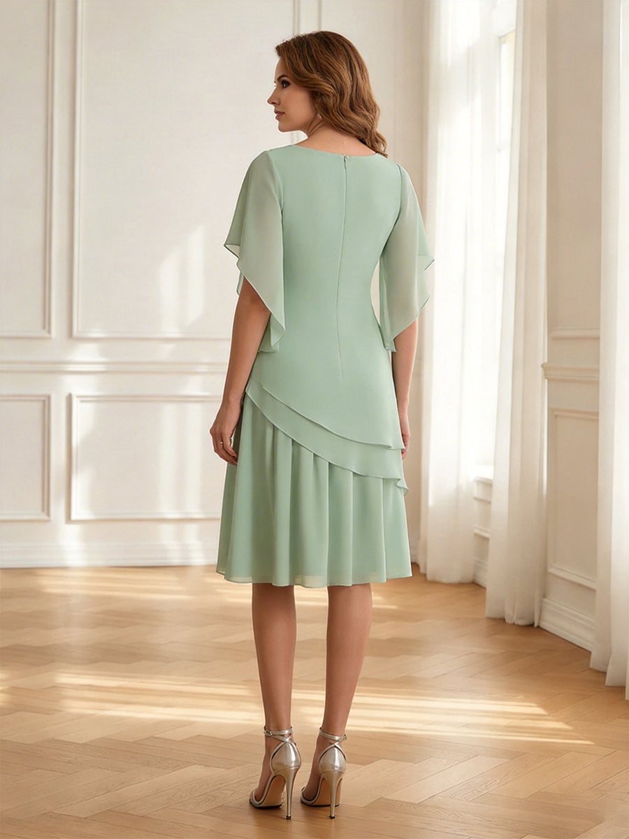 Flying Sleeve Tiered Ruffle Knee-Length Mother of the Bride Dresses Chiffon Formal Dress