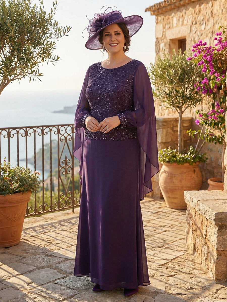 Long Sleeve Sequin Applique Mother of the Bride Dresses with Drape A-Line Wedding Guest Gown