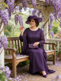 Long Sleeve Sequin Applique Mother of the Bride Dresses with Drape A-Line Wedding Guest Gown