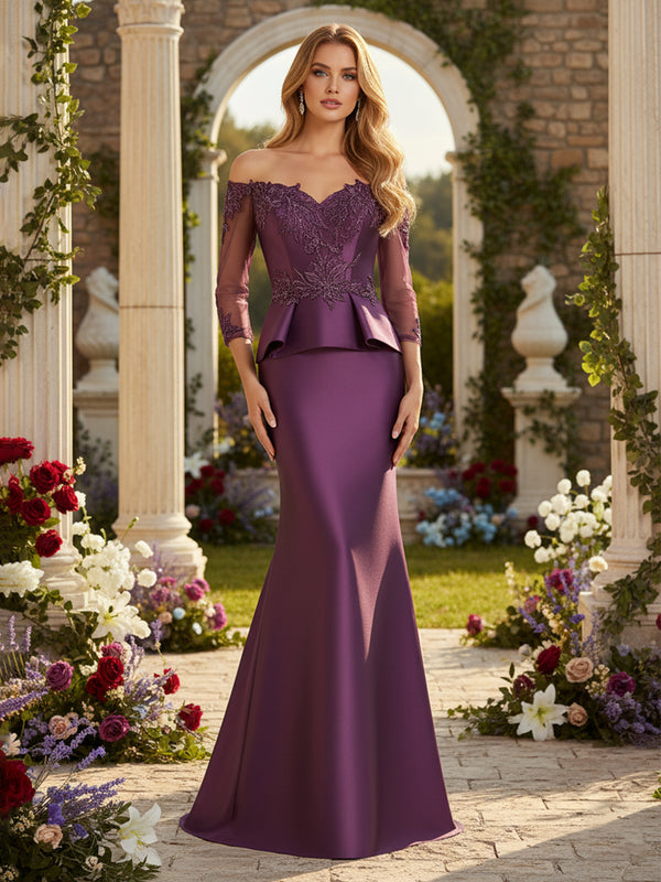 3/4 Sleeve Lace Applique Satin Mermaid Mother of the Bride & Groom Dresses Evening Gown
