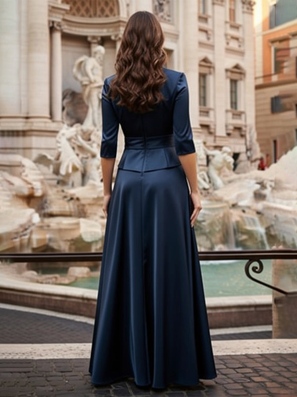 Two-Piece Satin A-Line Shirt V-Neck Long Mother of the Bride Dresses with Bow Tie Evening Dresses