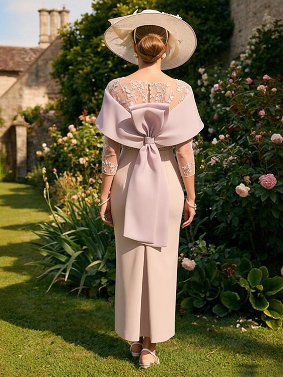 Satin Sheath Midi Mother of the Bride Dresses Lace Applique Formal Dress