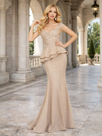 Mermaid Lace Applique V-Neck Ruffle Mother of the Bride & Groom Dresses