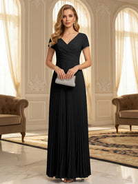 A-Line Pleated Chiffon V-Neck Formal Dresses with Short Sleeve