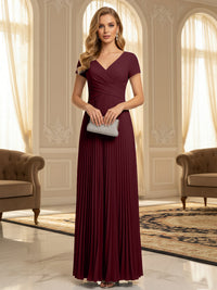 A-Line Pleated Chiffon V-Neck Formal Dresses with Short Sleeve
